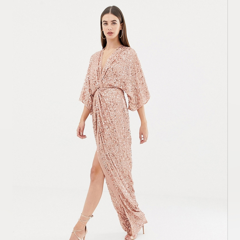 ASOS Design Tall Scatter Sequin Knot Front Maxi Dress in Soft Blush, size 16